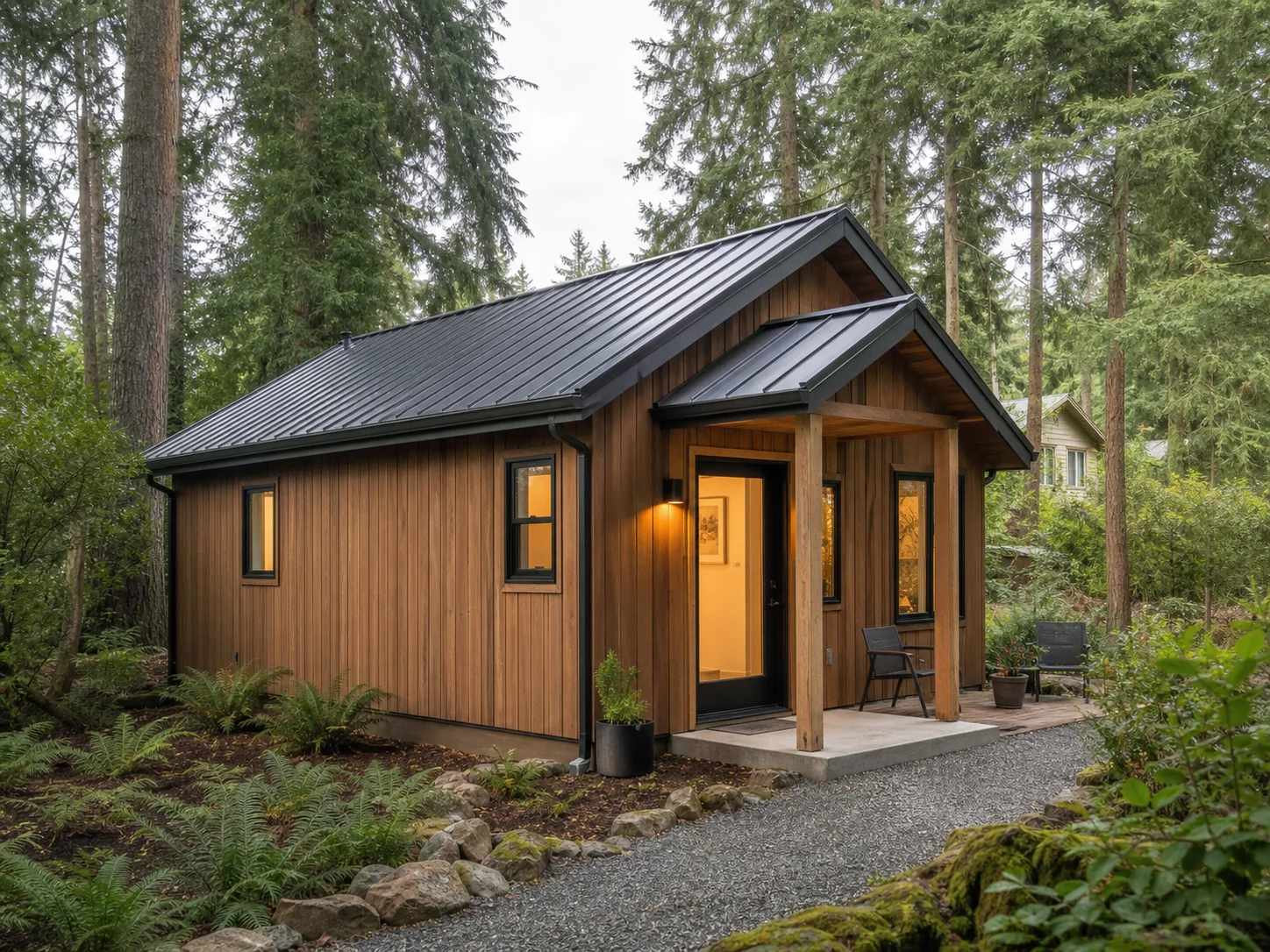 Concept image of a compact cedar ADU in a wooded setting