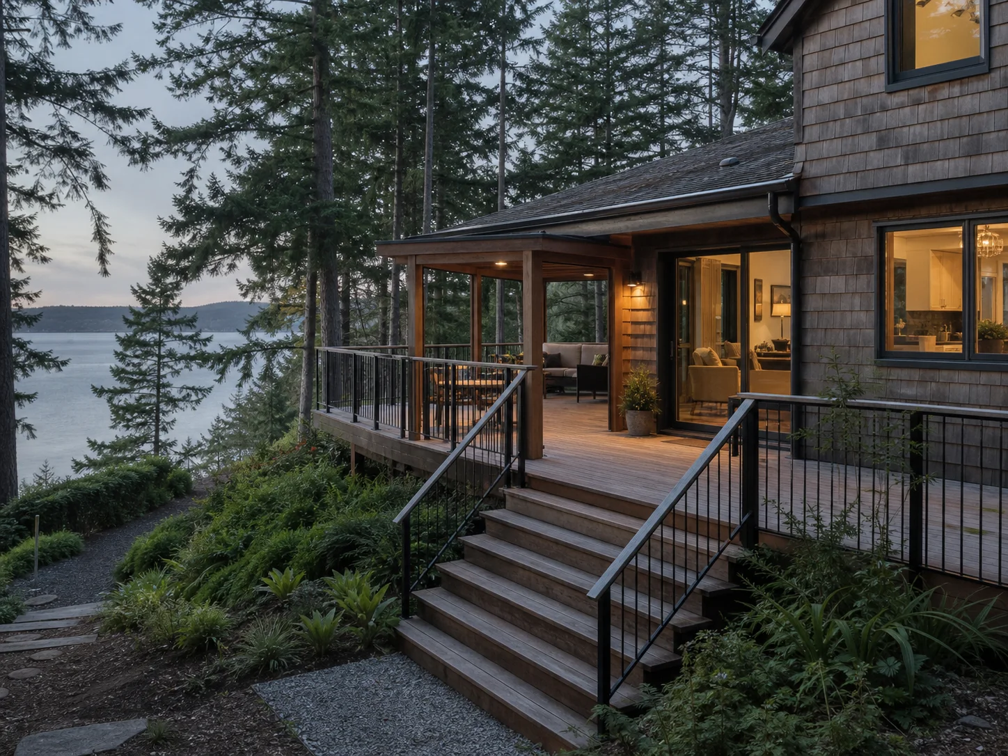 Concept image of a covered deck remodel overlooking water through trees